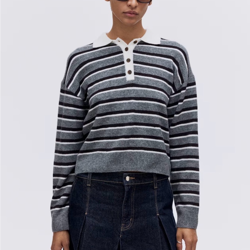 H&M Striped Polo-Collar Knit Sweater in Gray and Black